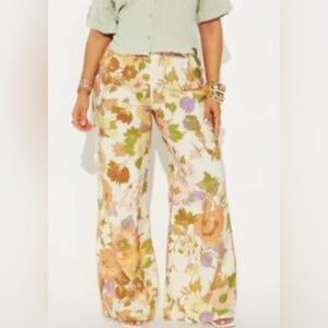 Floral Wide Leg Pants Cream and Green 299